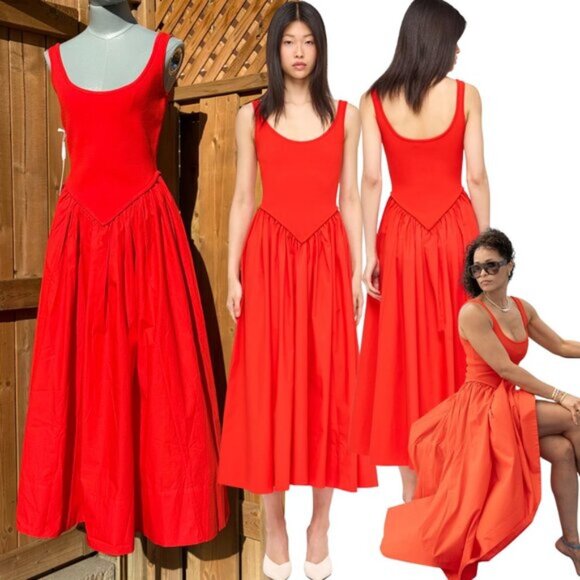 🆕 RONNY KOBO 🧿 NWT Verda Red Stretch Knit Dress, Poplin Skirt - Sz M - Picture 1 of 13